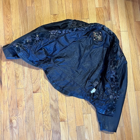 Vintage 90s Leather and Suede Floral Trimmed Jacket - Picture 6 of 11
